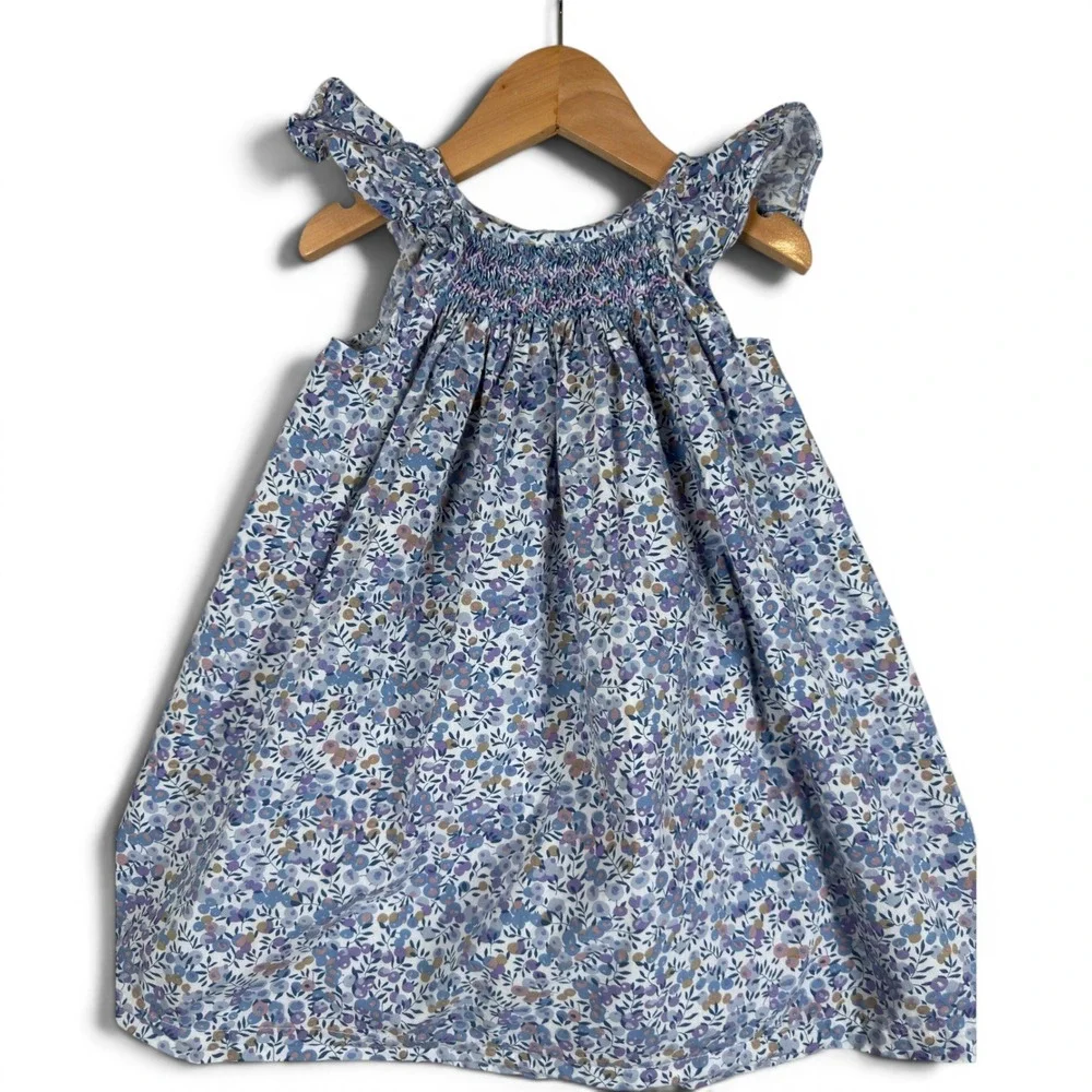 Gil & Niya Floral Smocked Cotton Dress 3T Girls Blue Purple Flutter Sleeve